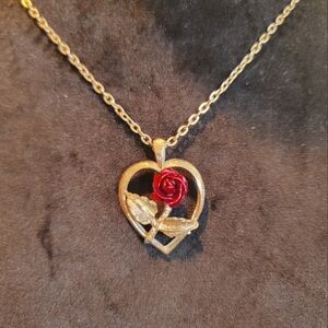 Vintage red rose in heart pendant necklace